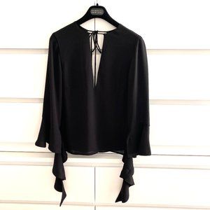 Rare C/MEO Collective black V-neck top with unique flare sleeve